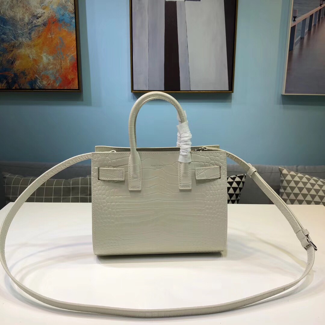 Saint Laurent Sac De Jour Nano Crocodile Embossed Calfskin Handbag Shoulder Bag White 392035 Silver